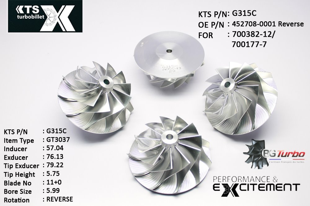 Turbo ROUE FORGÉE MFS PERFORMANCE - 11+0 PALES - INDUCER : 57,04 - EXDUCER : 76,13 - TYPE : GT3037ANGLE : 40° - ROTATION : Reverse - SUPER BACK : 2,36 - BORE SIZE : 5,99
